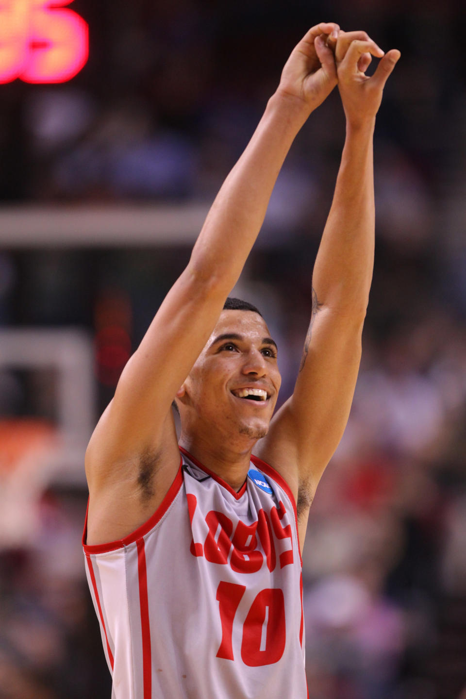 PORTLAND, OR - MARCH 15: Kendall Williams #10 of the New Mexico Lobos reacts after the Lobos defeat the Long Beach State 49ers 75-68 in the second round of the 2012 NCAA men's basketball tournament at Rose Garden Arena on March 15, 2012 in Portland, Oregon. (Photo by Jed Jacobsohn/Getty Images)