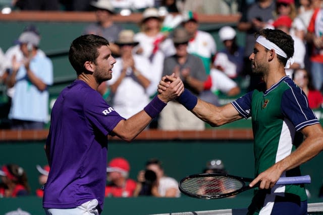 Cameron Norrie (left) shakes hands with Grigor Dimitrov