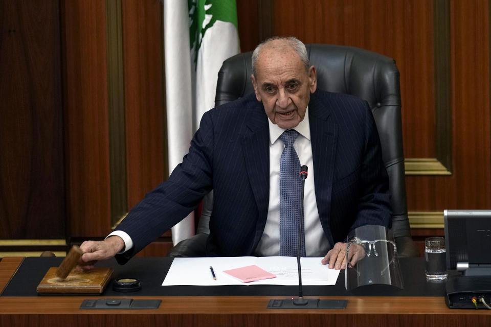 Lebanese Parliament Speaker Nabih Berri opens the session to elect a president at the parliament building in Beirut, Lebanon, Thursday, Jan. 19, 2023. The Lebanese pound's value Thursday hit an all-time low, now trading at 50,000 to the U.S. dollar, as the country's deeply-divided parliament failed to elect a president for an 11th time. (AP Photo/Bilal Hussein)