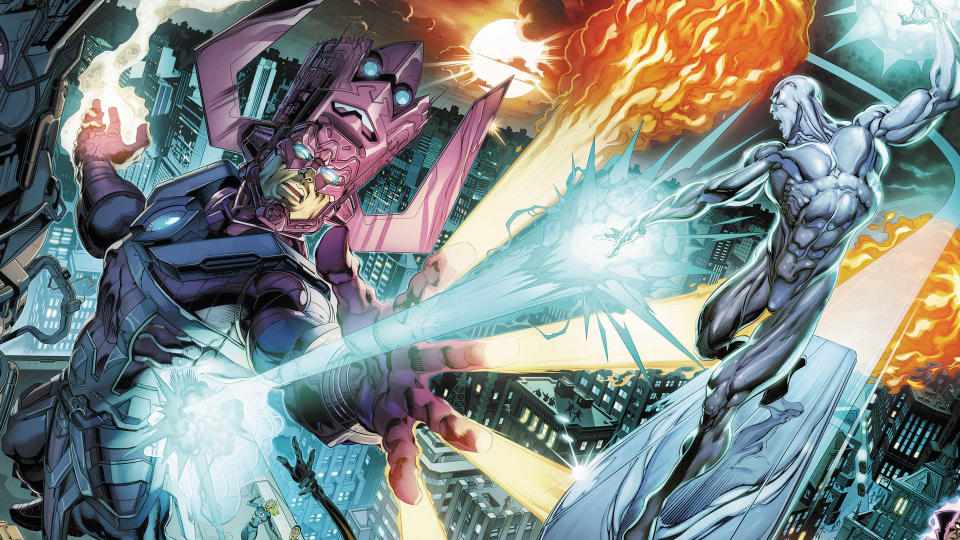 The Silver Surfer fights his former master, Galactus.