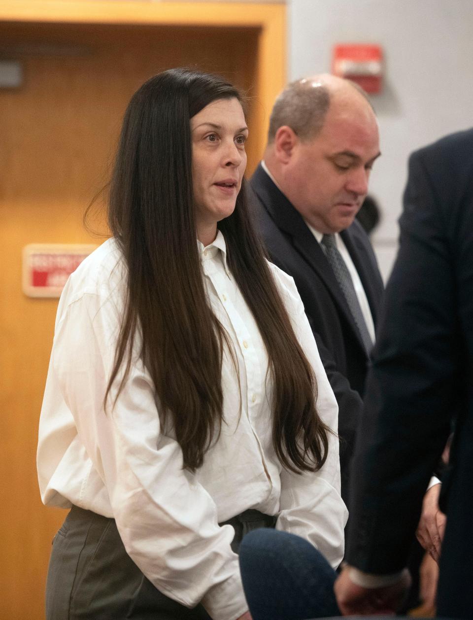 Pamela Schwarz sits in the courtroom of Circuit Judge Jennie Kinsey on Thursday, April 25, 2024, for the start of her two-day jury trial. Schwarz is indicted on first-degree murder by unlawful distribution of drugs. She allegedly gave her Escambia County Jail cellmate fentanyl and watched her overdose and die without telling anyone; Schwarz is also charged with introducing contraband into a county detention facility, tampering with evidence, and possession of a controlled substance.