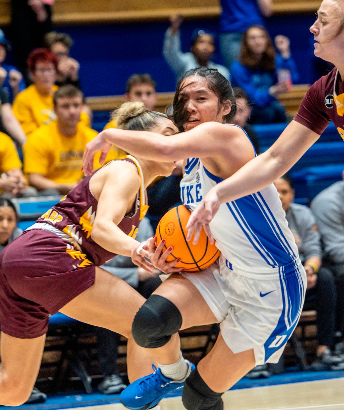 Duke’s Vanessa de Jesus (2) drives through traffic against Iona’ during the first half of the of the first round of the NCAA women’s basketball tournament on Saturday, March 18, 2023 at Cameron Indoor Stadium.