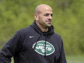 New York Jets coach Robert Saleh looks on during NFL football rookie camp, Friday, May 7, 2021, in Florham Park, N.J.(AP Photo/Bill Kostroun)