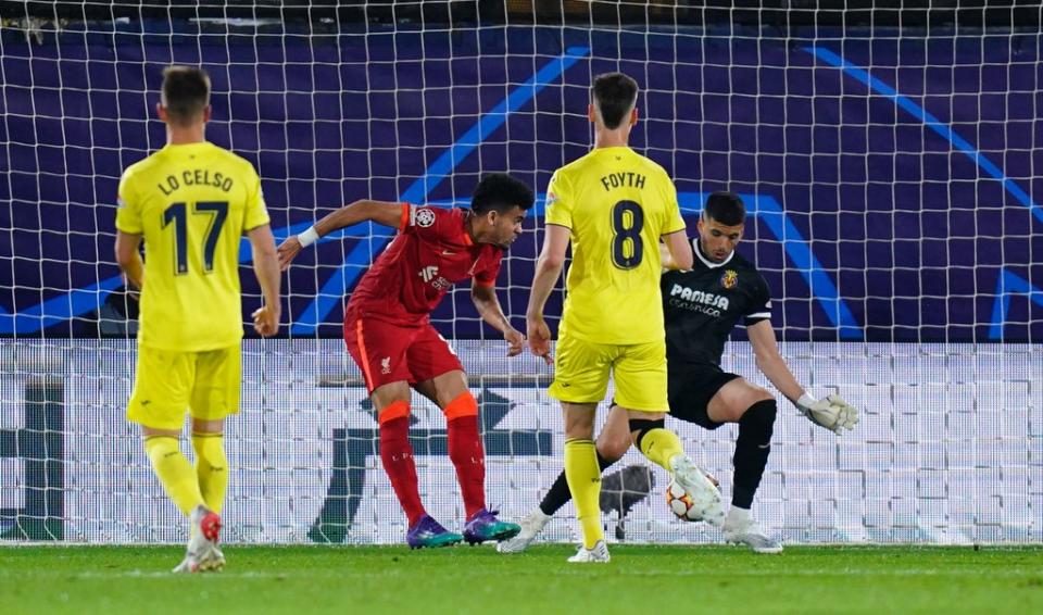 Luis Diaz scoring Liverpool’s second goal of the game at El Madrigal (Adam Davy/PA) (PA Wire)