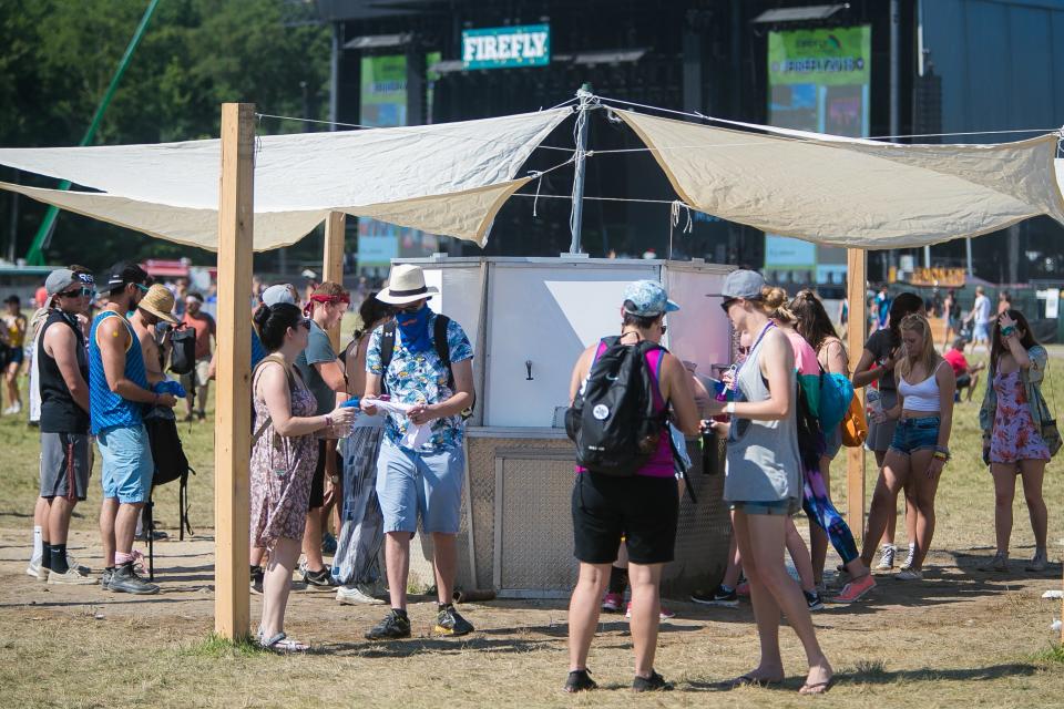 Fans get water at one of the water refill stations next to the Firefly stage on the final day of 2018 Firefly Music Festival at The Woodlands in Dover.