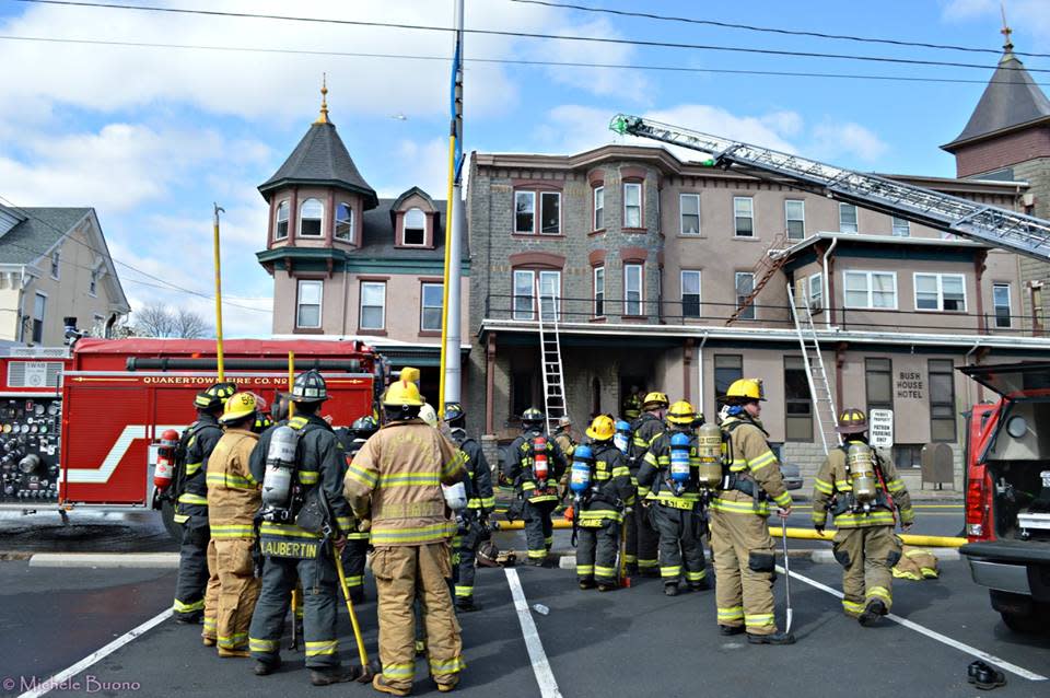 This photo shows Quakertown firefighters at the scene of an April 2018 fatal fire at the Bush House Hotel. Borough code enforcement officials say the owner never finished repairs after the fire