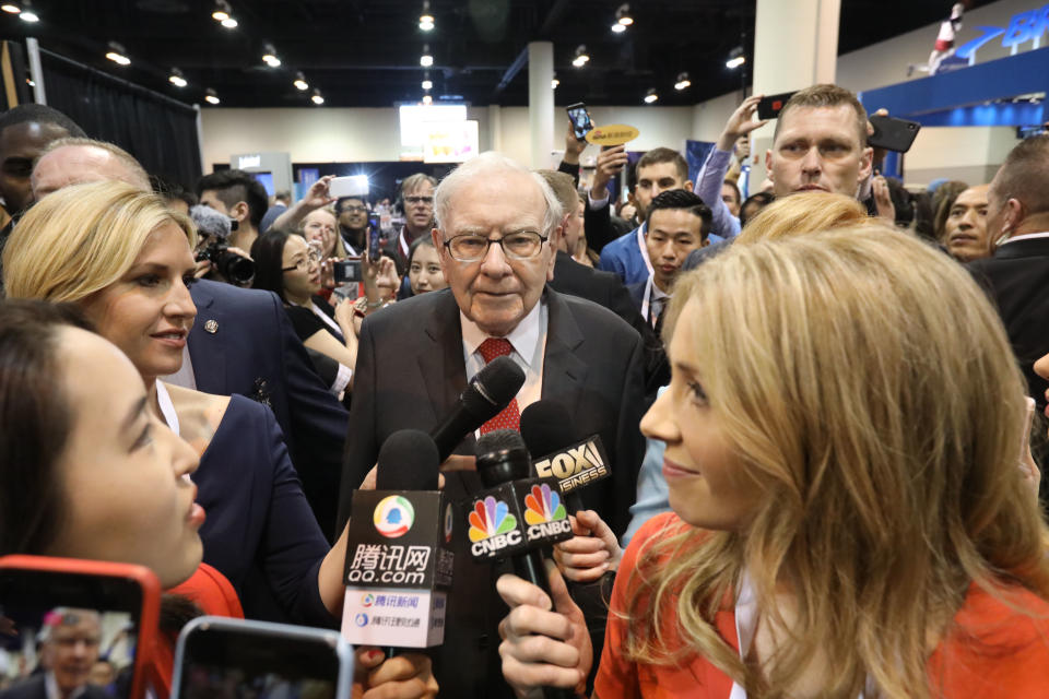 OMAHA, May 4, 2019 -- Warren Buffett C, chairman and CEO of Berkshire Hathaway, speaks to reporters during the company's annual shareholders meeting in Omaha, the United States on May 4, 2019. U.S. legendary investor Warren Buffett said on Saturday it is not "inconceivable" for his Berkshire Hathaway Inc. to further partner with 3G Capital, which manages packaged food giant Kraft Heinz that has faced federal investigation into alleged procurement mishandlings. (Xinhua/Yang Chenglin) (Xinhua/ via Getty Images)