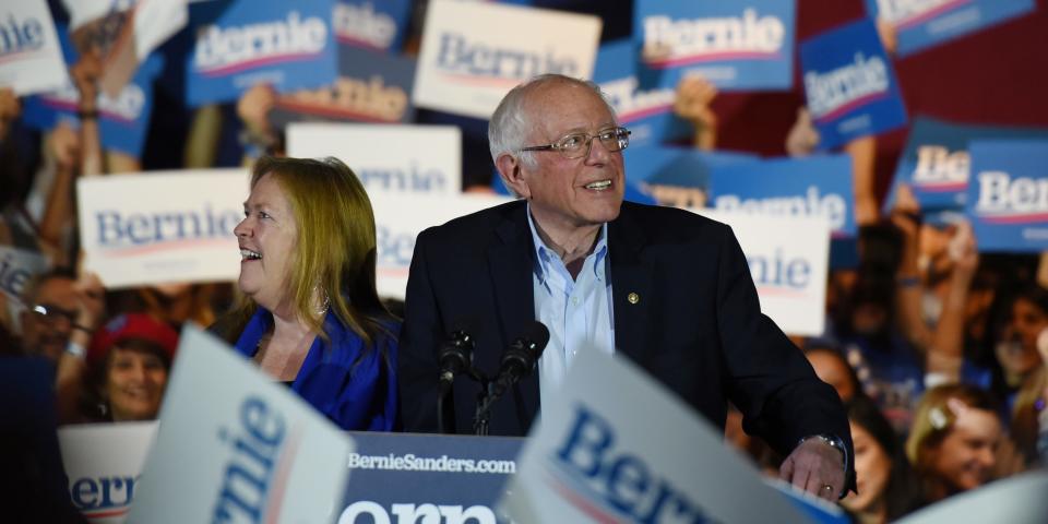 FILE PHOTO: U.S. Democratic presidential candidate Senator Bernie Sanders celebrates with his wife Jane after being declared the winner of the Nevada Caucus while holding a campaign rally in San Antonio, Texas, U.S., February 22, 2020. REUTERS/Callaghan O'hare