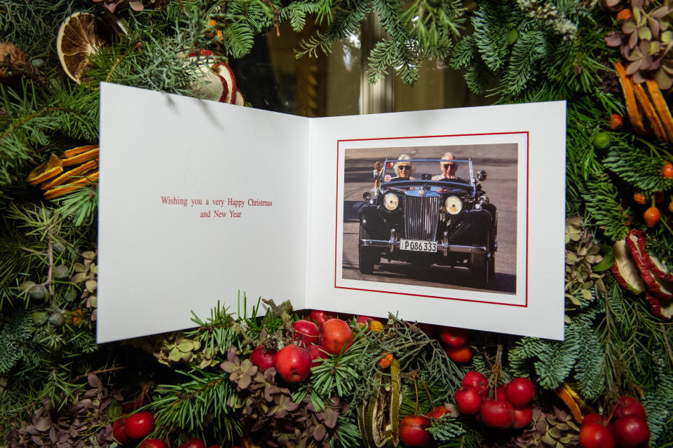 The Christmas card of Prince Charles and Camilla, Duchess of Cornwall is displayed at Clarence House in London on Dec. 20, 2019. (Photo: WPA Pool via Getty Images)