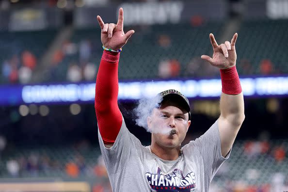 HOUSTON, TEXAS - NOVEMBER 02:  Joc Pederson #22 of the Atlanta Braves celebrates after the 7-0 victory against the Houston Astros in Game Six to win the 2021 World Series at Minute Maid Park on November 02, 2021 in Houston, Texas. (Photo by Carmen Mandato/Getty Images)