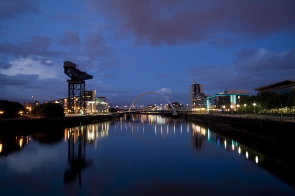 Glasgow Skyline at Night, looking along the River Clyde.