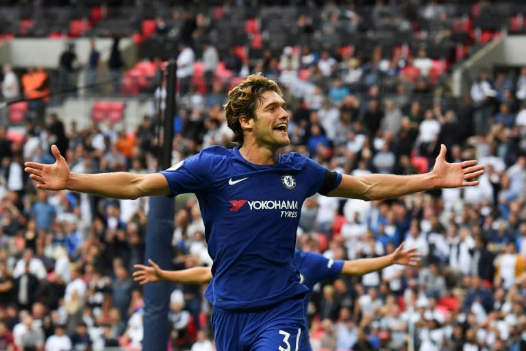 Chelsea's defender Marcos Alonso celebrates after he scored their second goal against Tottenham Hotspur on August 20, 2017