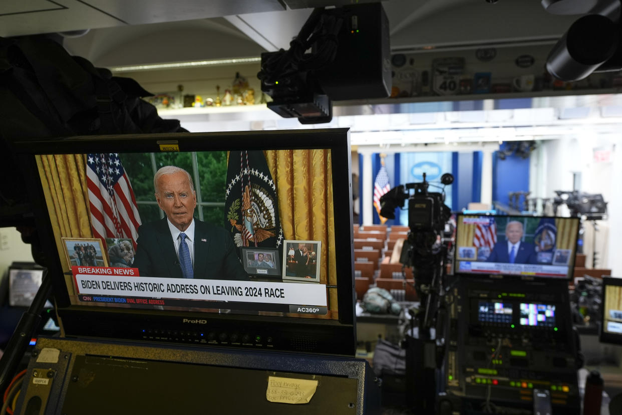 President Joe Biden is seen on a monitor in the press briefing room of the White House in Washington on July 24 as he addresses the nation from the Oval Office about his decision to drop his Democratic presidential reelection bid.