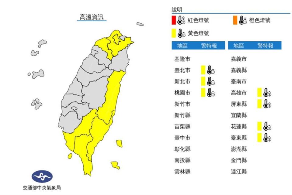 7縣市高溫警示。圖／中央氣象局