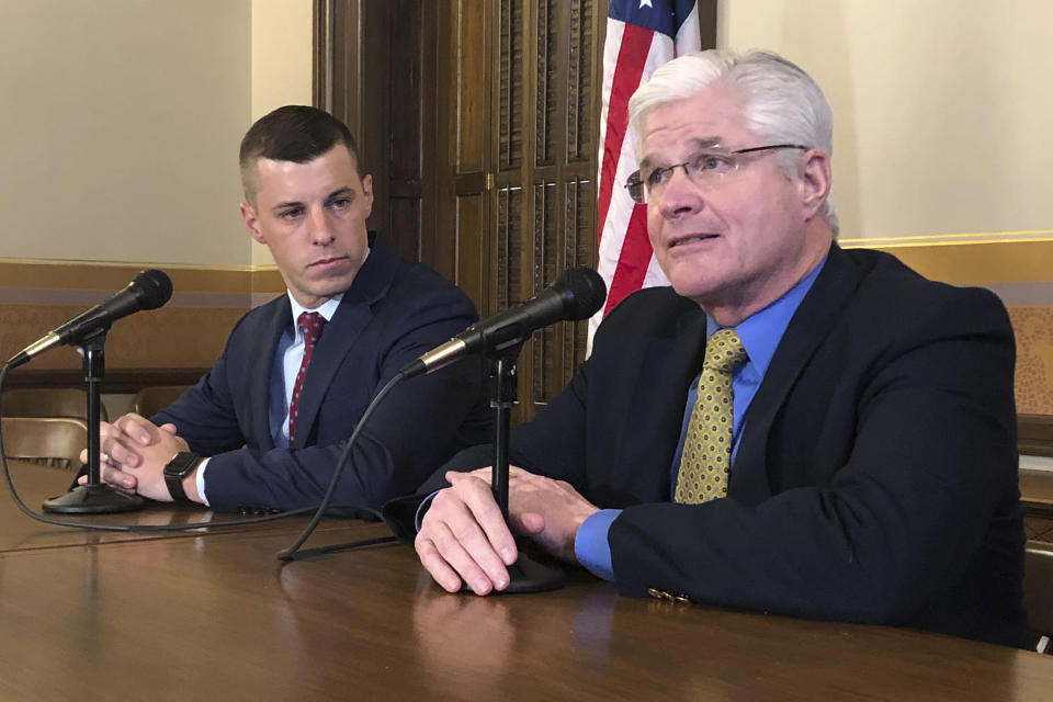 FILE - In this Jan. 30, 2020 file photo, Senate Majority Leader Mike Shirkey, R-Clarklake, right, and House Speaker Lee Chatfield, R-Levering, left, speak to the media at the Michigan Capitol in Lansing, Mich. Shirkey and Chatfield are headed to the White House on Friday as President Donald Trump made an extraordinary and sure-to-be futile attempt to block Joe Biden's victory in the battleground state and subvert the results of the 2020 presidential election. (AP Photo/David Eggert)