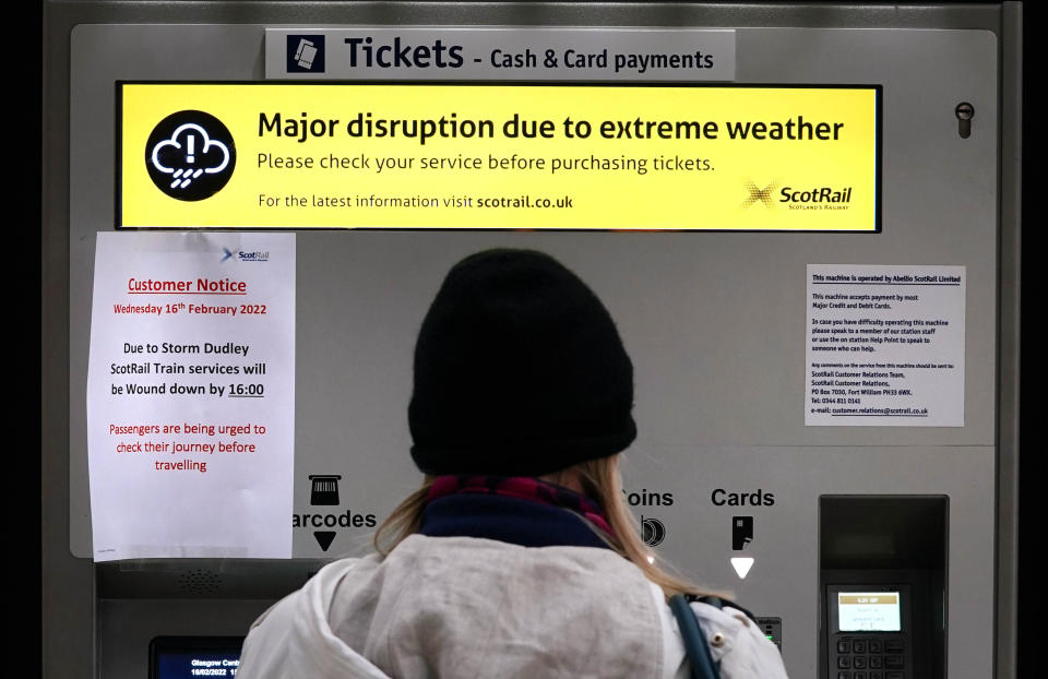 Weather warnings on a ticket machine at Glasgow Central Station before Storm Dudley hits the north of England/southern Scotland from Wednesday night into Thursday morning, closely followed by Storm Eunice, which will bring strong winds and the possibility of snow on Friday. Picture date: Wednesday February 16, 2022.