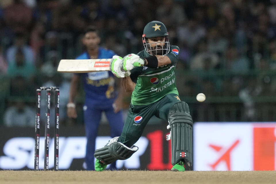 Pakistan's Mohammad Rizwan plays a shot during the Asia Cup cricket match between Pakistan and Sri Lanka in Colombo, Sri Lanka on Thursday, Sept.14, 2023. (AP Photo/Eranga Jayawardena)