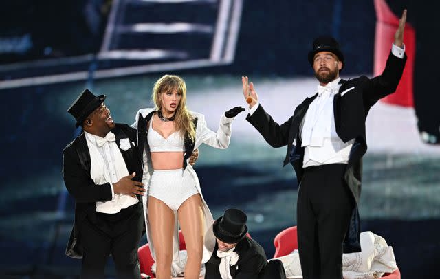 <p>Getty Images</p> Travis Kelce joins Taylor Swift on stage in London show