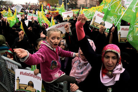 Pro-Palestinian demonstrators shout slogans during a protest against the U.S. decision to recognise Jerusalem as the capital of Israel, in Diyarbakir, Turkey, December 17, 2017. REUTERS/Sertac Kayar