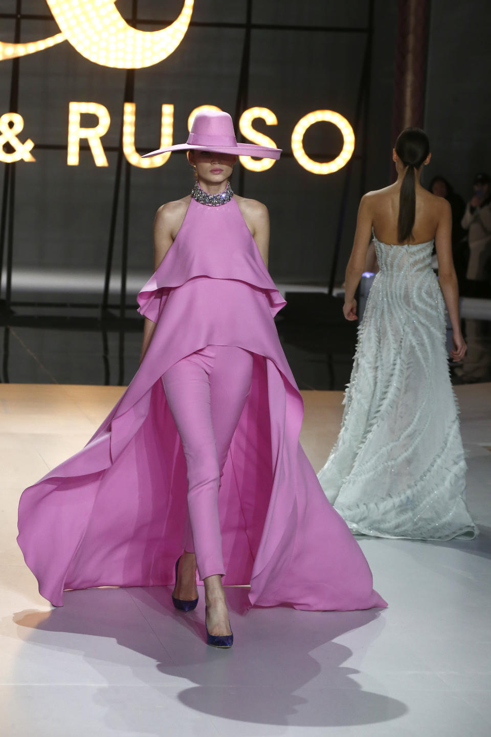 A model wears a creation for the Ralph & Russo Spring/Summer 2019 Haute Couture fashion collection presented in Paris, Monday Jan. 21, 2019. (AP Photo/Michel Euler)