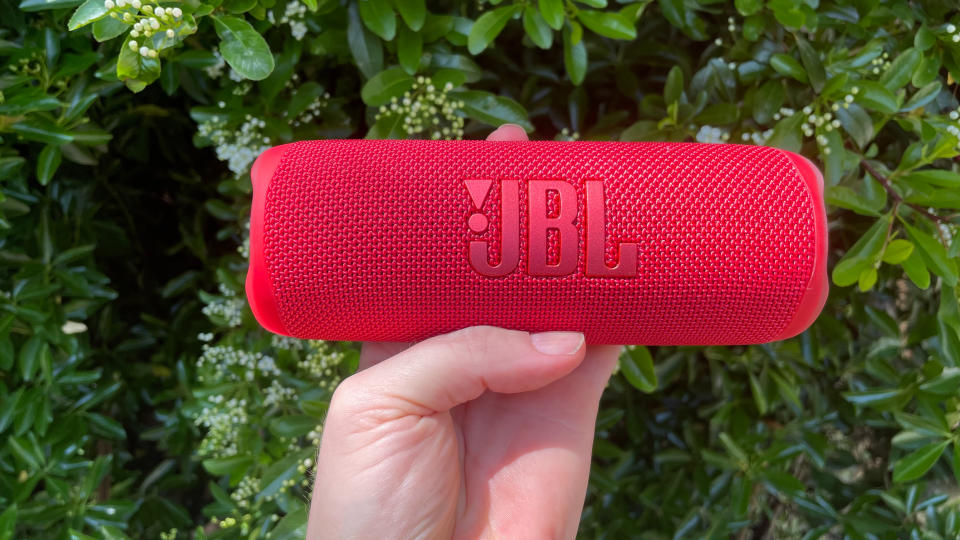 A red JBL Flip 6 held in landscape orientation in front of a bush.