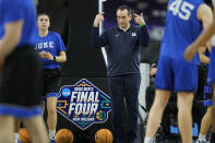 Duke head coach Mike Krzyzewski talks during practice for the men's Final Four NCAA college basketball tournament, Friday, April 1, 2022, in New Orleans. (AP Photo/David J. Phillip)