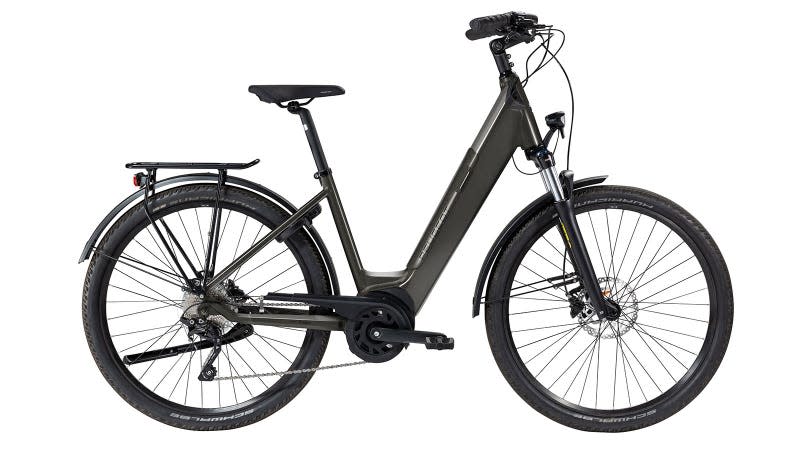 A photo of a grey Peugeot e-bike. 