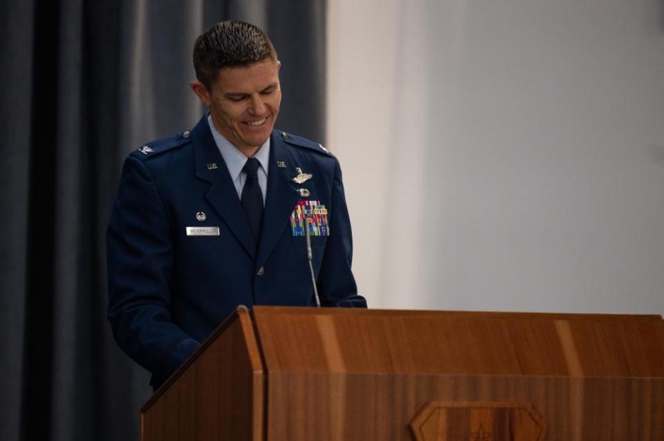 Col. Scott P. Weyermuller, incoming 2nd Bomb Wing commander, makes remarks during the 2nd Bomb Wing change of command ceremony at Barksdale Air Force Base, Louisiana, March 31, 2022. Weyermuller is a command pilot with more than 2,500 flying hours in the B-2 and B-52 including more than 30 combat hours in support of Operation Odyssey Dawn.