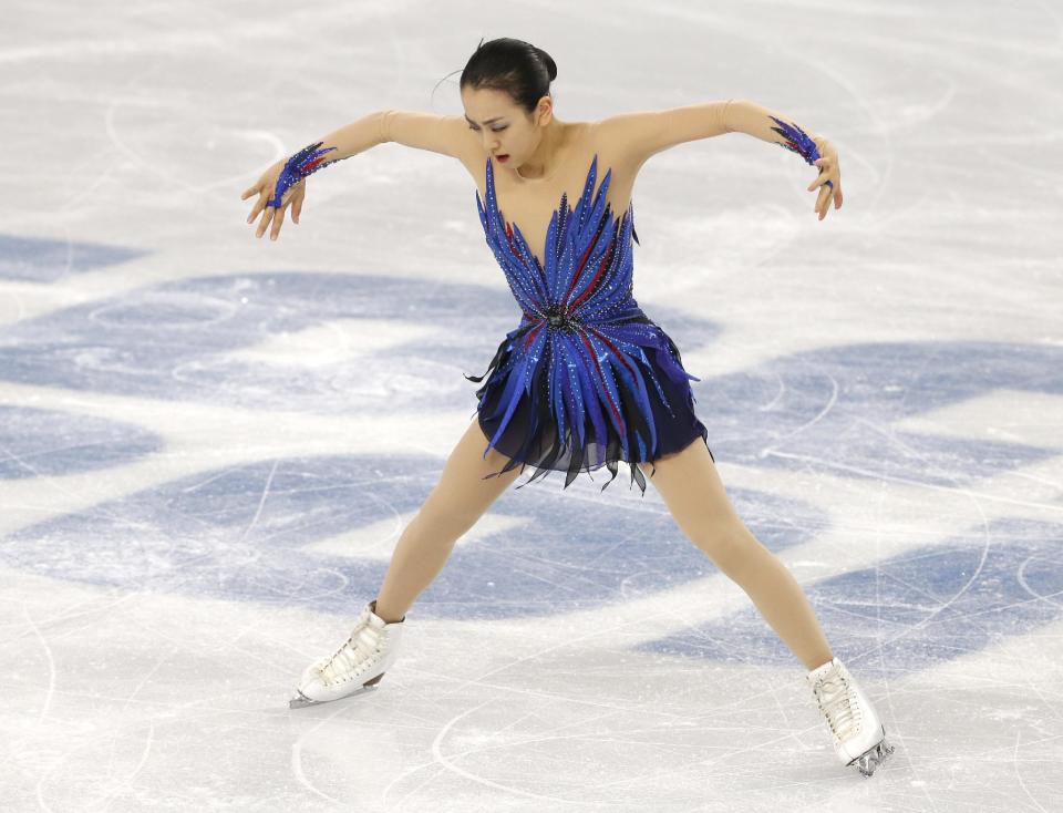 Mao Asada of Japan competes in the women's free skate figure skating finals at the Iceberg Skating Palace during the 2014 Winter Olympics, Thursday, Feb. 20, 2014, in Sochi, Russia. (AP Photo/Darron Cummings)