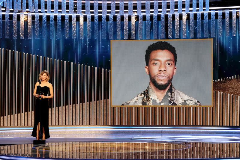 Renee Zellweger announces the late Chadwick Boseman as winner of the Best Actor - Motion Picture Drama award for "Ma Rainey's Black Bottom" in this handout photo from the 78th Annual Golden Globe Awards in Beverly Hills