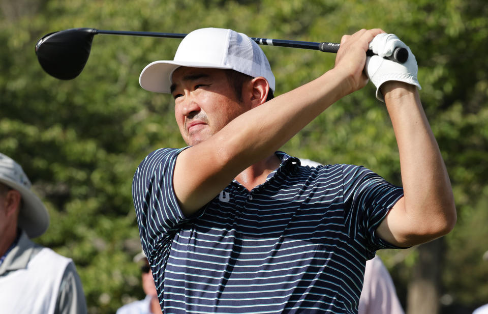 John Huh hits his tee shot on the 10th hole during the first round of the Wyndham Championship golf tournament, Thursday, Aug. 4, 2022, in Greensboro, NC. (AP Photo/Reinhold Matay)