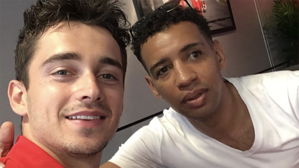 Ferrari driver Charles LeClerc is pictured with F1 superfan Charaf-Eddin Ait-Tales. Picture: Twitter/Charles LeClerc