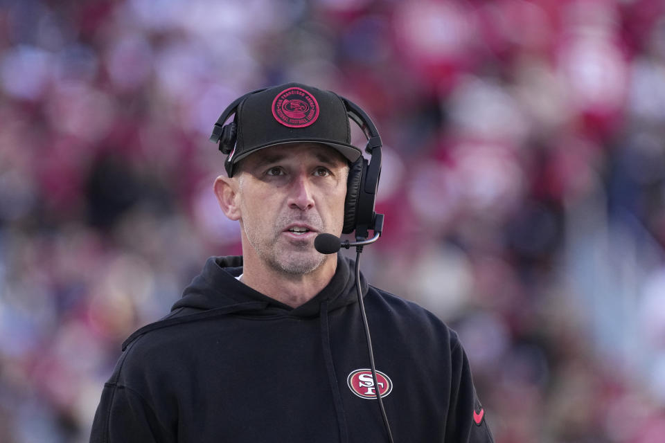 San Francisco 49ers head coach Kyle Shanahan watches action from the sideline during the first half of an NFL football game against the Los Angeles Rams in Santa Clara, Calif., Sunday, Jan. 7, 2024. (AP Photo/Loren Elliott)