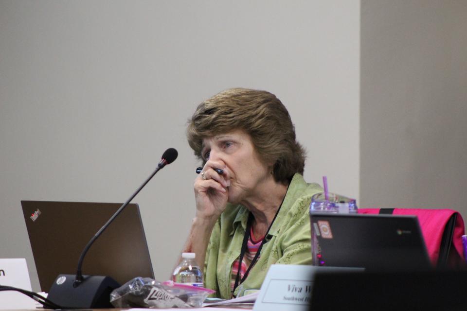 Green Bay School Board Member Lynn Gerlach listens during a school board meeting on Monday in Green Bay.