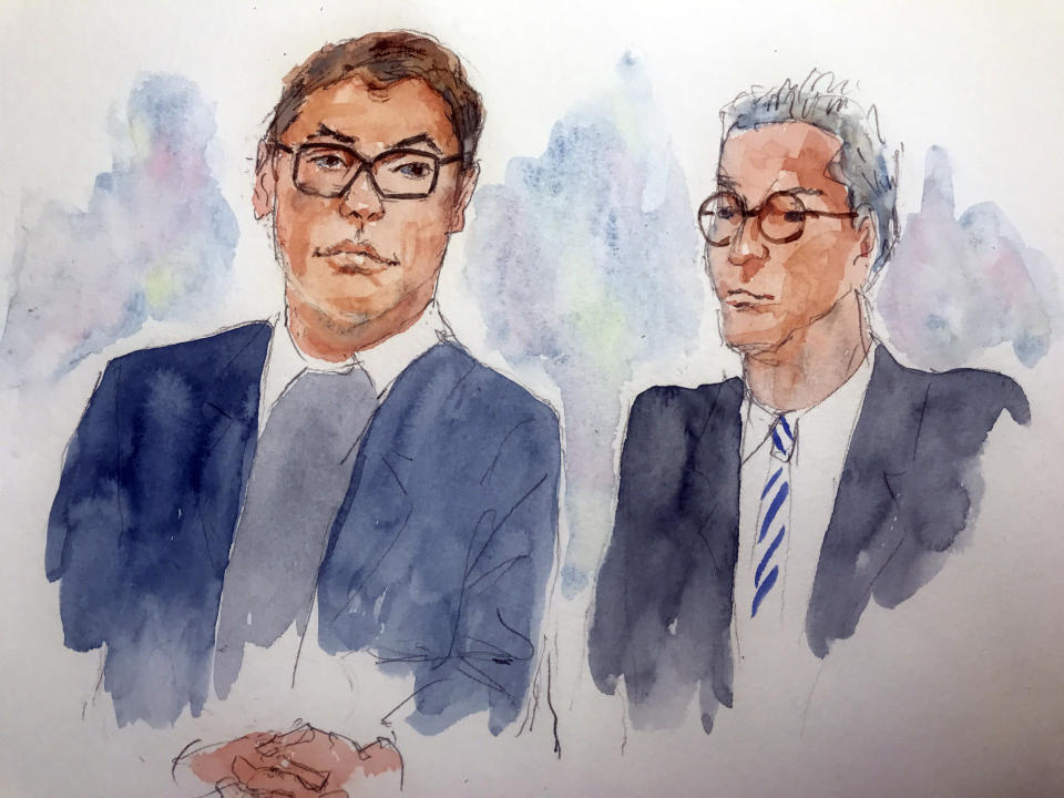 In this courtroom sketch, U.S. Rep. George Santos, left, R-N.Y., sits with his attorney Joseph Murray in federal court, Wednesday, May 10, 2023, in Central Islip, N.Y. Santos pleaded not guilty Wednesday to charges alleging financial fraud at the heart of a political campaign built on dubious boasts about his personal wealth and business success. (Aggie Whelan Kenny via AP)