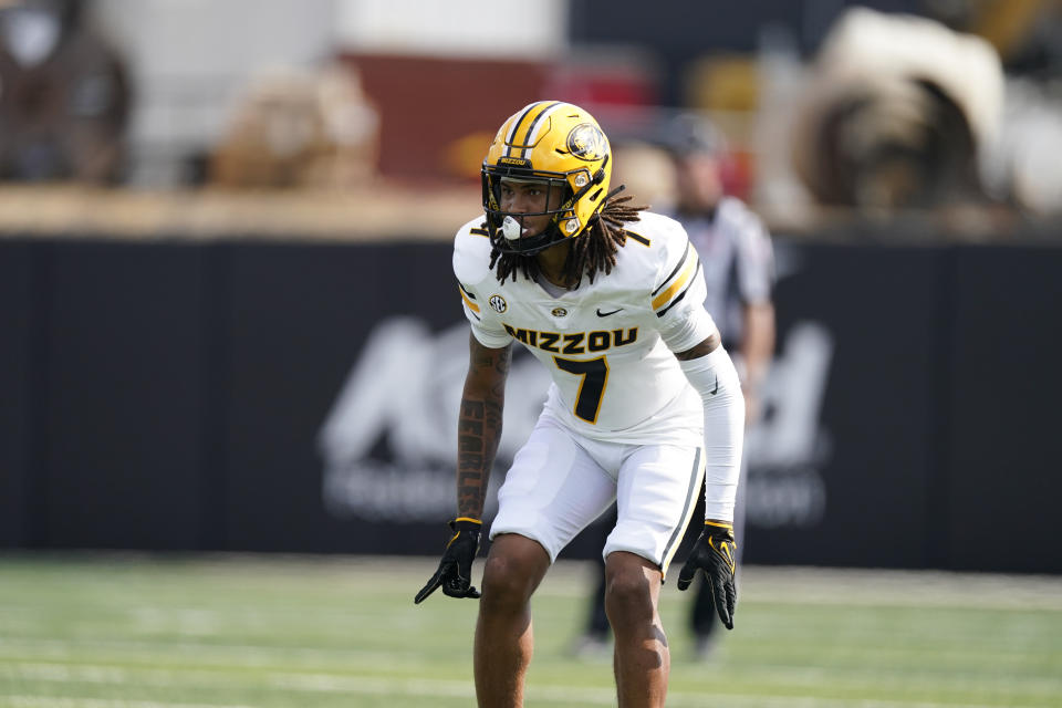 FILE - Missouri defensive back Kris Abrams-Draine (7) plays against Vanderbilt in the first half of an NCAA college football game Saturday, Sept. 30, 2023, in Nashville, Tenn. Abrams-Draine has been selected to The Associated Press midseason All-America team, Wednesday, Oct. 18, 2023.(AP Photo/George Walker IV, File)