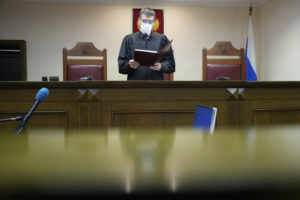 Russian Supreme Court judge Oleg Nefedov leads a hearing in the Russian Supreme Court in Moscow, Russia, Thursday, Nov. 30, 2023. Russia's Supreme Court on Thursday effectively outlawed LGBTQ+ activism, the most drastic step against advocates of gay, lesbian and transgender rights in the increasingly conservative country. The court sided with the Justice Ministry, which filed a lawsuit this month demanding an LGBTQ+ "movement" in Russia to be labeled extremist. Rights activists argue the move opens the way for a broad crackdown on any individuals or groups deemed to be part of this movement. (AP Photo/Alexander Zemlianichenko)