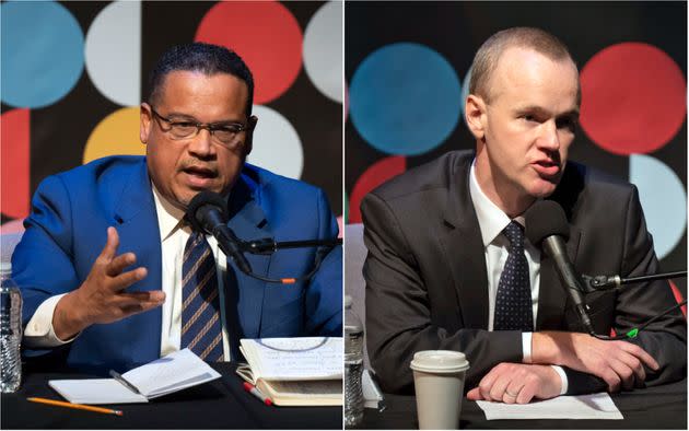 Democratic Minnesota Attorney General Keith Ellison (left) and Republican challenger Jim Schultz, seen here debating on Oct. 14, reunited on Sunday night for their fourth and final debate. (Photo: Associated Press)