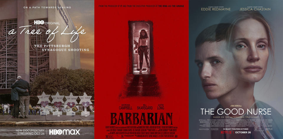 This combination of images shows promotional art for the documentary “A Tree of Life: The Pittsburgh Synagogue Shooting,” debuting Oct. 26 on HBO Max, left, "Barbarian," the low-budget indie horror available on VOD on Oct. 25, center, and “The Good Nurse,” premiering Oct. 28 on Netflix. (HBO Max/20th Century Studios/Netflix via AP)