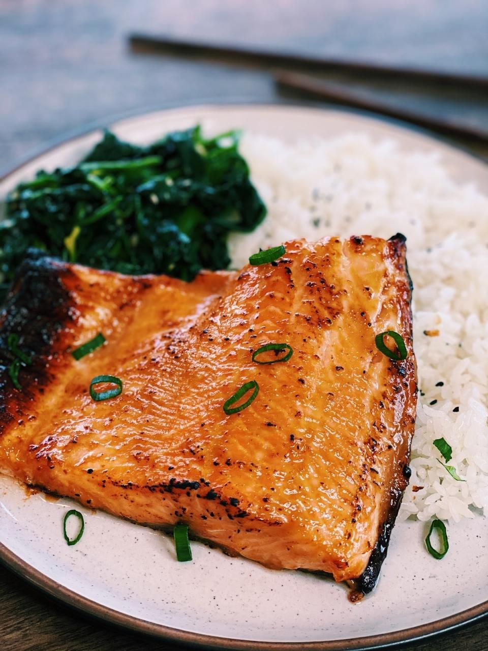 Air fried miso salmon with broccoli and rice.