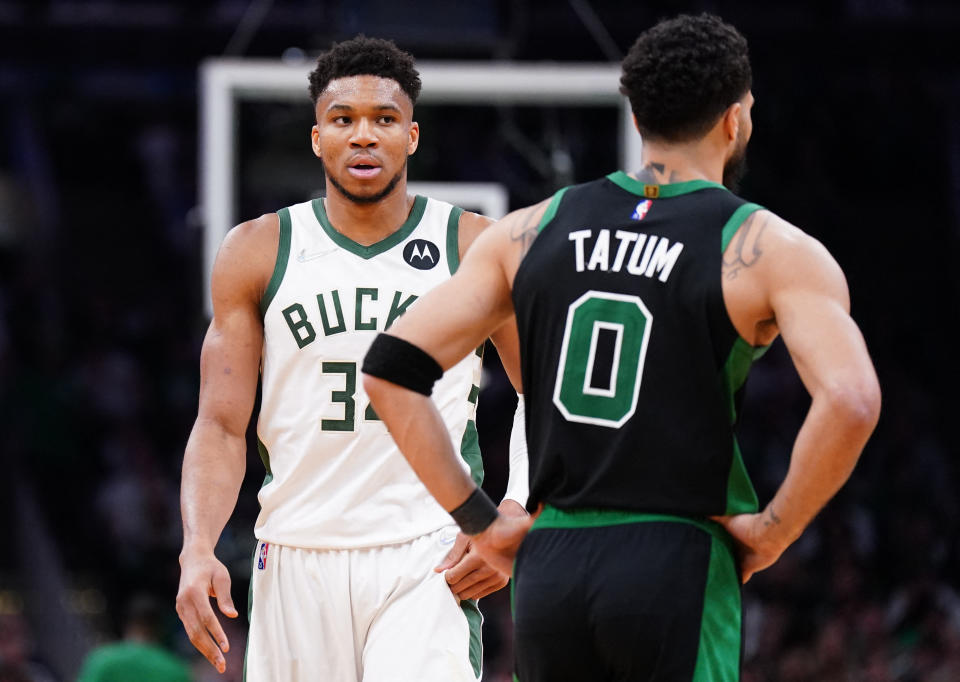 Milwaukee Bucks star Giannis Antetokounmpo and Boston Celtics counterpart Jayson Tatum are leading the only two teams on pace to win 60 games this NBA season. (David Butler II/USA Today Sports)