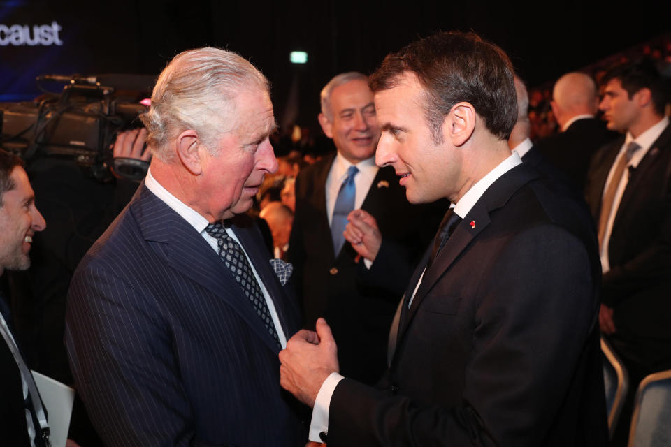 JERUSALEM, ISRAEL - JANUARY 23: Prince Charles, Prince of Wales and French President Emmanuel Macron during the Fifth World Holocaust Forum on January 23, 2020 in Jerusalem, Israel. Heads of State gathering in Jerusalem to mark 75 years since the liberation of Auschwitz will be the “largest diplomatic event in Israel’s history,” according to the country's Foreign Minister. (Photo by Pool/Getty Images)