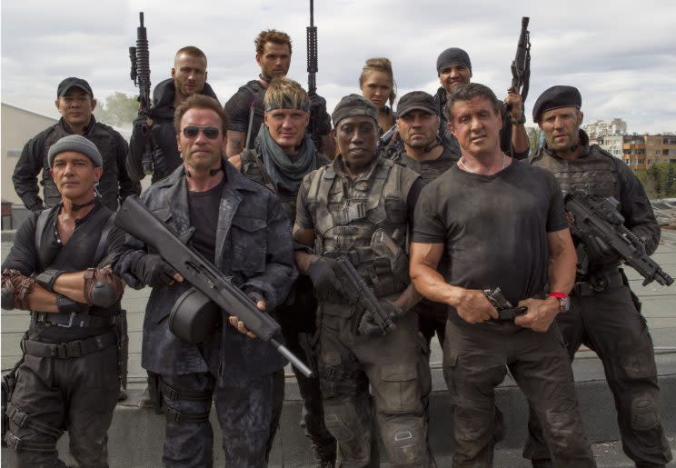 Expendables… Stallone and Statham stand far right – Credit: Millennium Films/Lionsgate