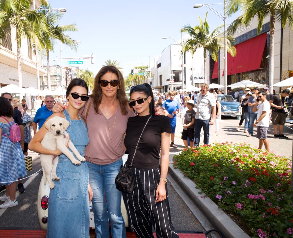 BEVERLY HILLS, CA - JUNE 18:  (L-R) Kendall Jenner, Caitlyn Jenner and Kylie Jenner pose for a photo as Caitly Jenner displays her Austin-Healey Sprite at the Rodeo Drive Concours d'Elegance  on June 18, 2017 in Beverly Hills, California.  (Photo by Earl Gibson III/Getty Images)