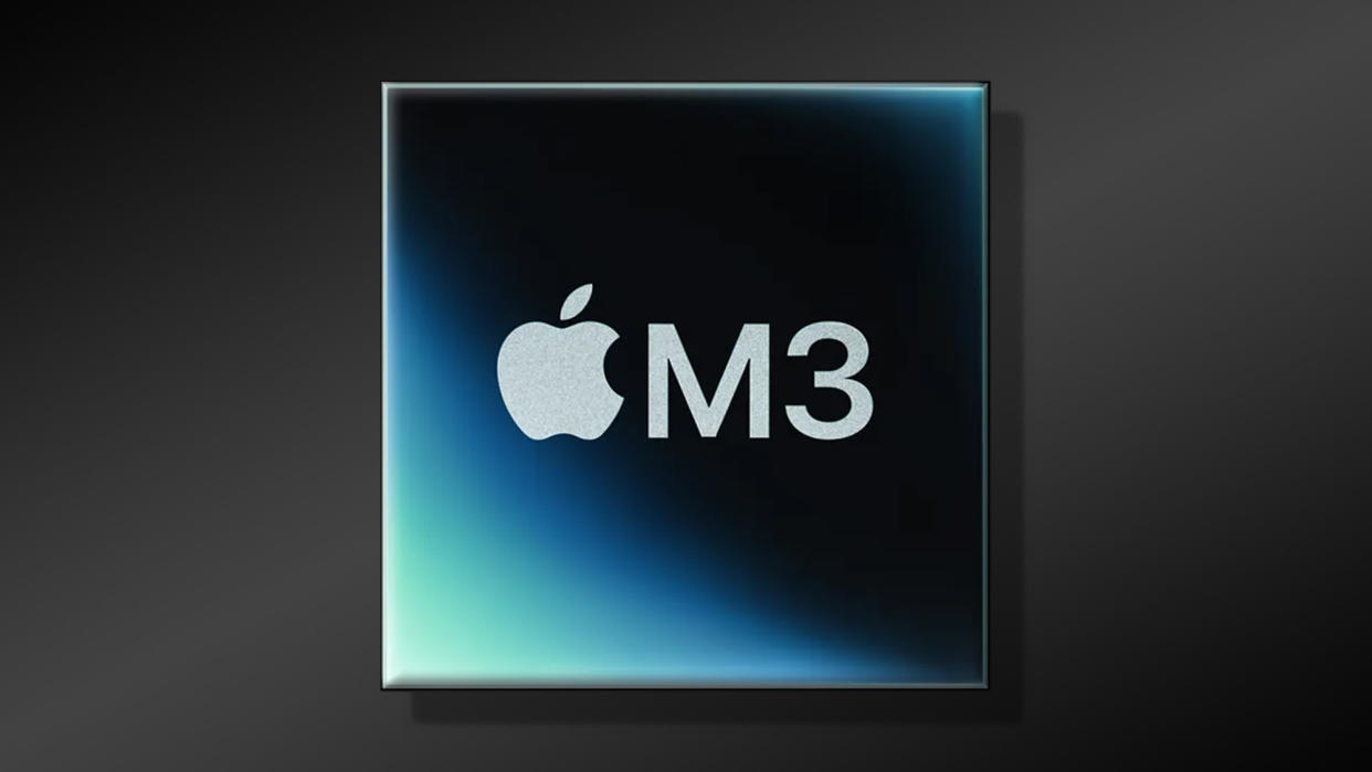  The Apple M3 Logo over a black gradient background. 