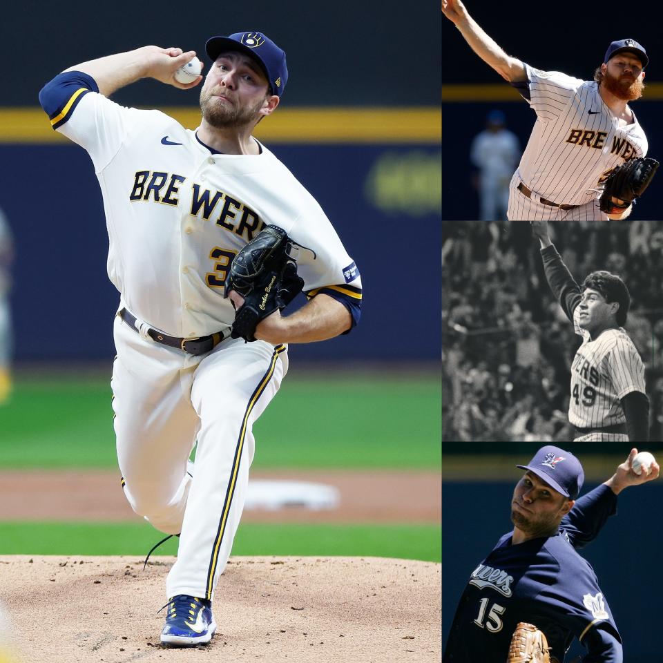 How does Corbin Burnes (left) stack up among the greats in Brewers history including (top right) Brandon Woodruff, Teddy Higuera and Ben Sheets?