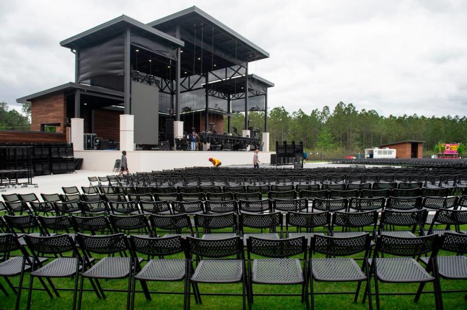 Workers prep for the opening of The Sound Amphitheater in Gautier on Thursday, April 11, 2024. The new venue will host its first concert, KC and The Sunshine Band, on Friday, April 12.