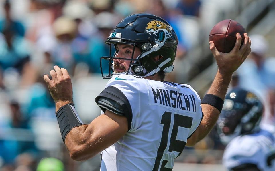 Jacksonville Jaguars quarterback Gardner Minshew (15) throws a pass during the first half of an NFL football game against the Kansas City Chiefs at TIAA Bank Field in Jacksonville, Fla., Sunday, Sept. 8, 2019. [Gary Lloyd McCullough/For The Florida Times-Union]