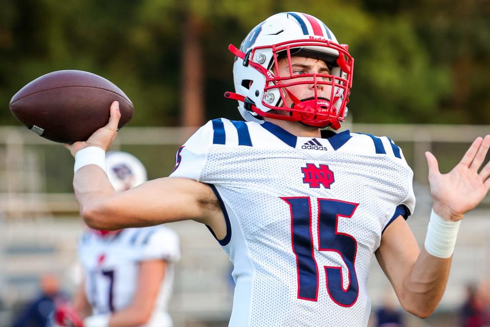 North Desoto QB Luke Delafield throwing a pass at Rodney Duron Field in Shreveport, Louisiana on October 13, 2023