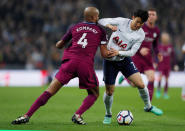 <p>Tottenham’s Son Heung-min finds Manchester City’s Vincent Kompany tough to pass </p>